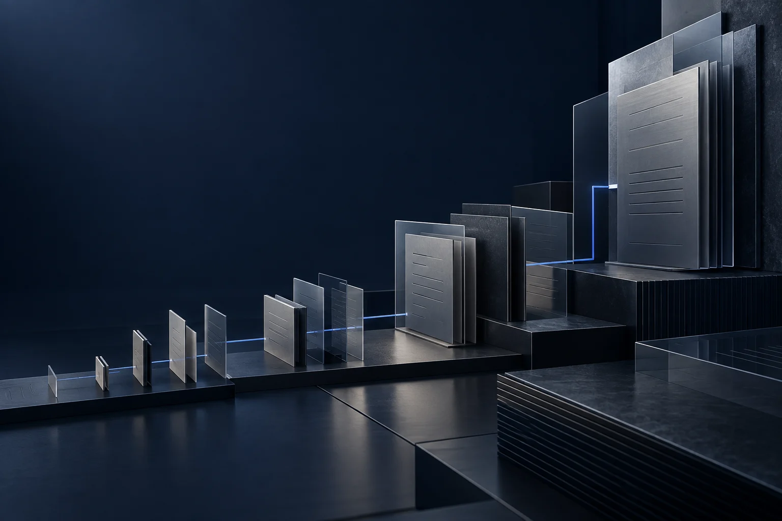Layered ledger-like structures connected by a restrained blue path