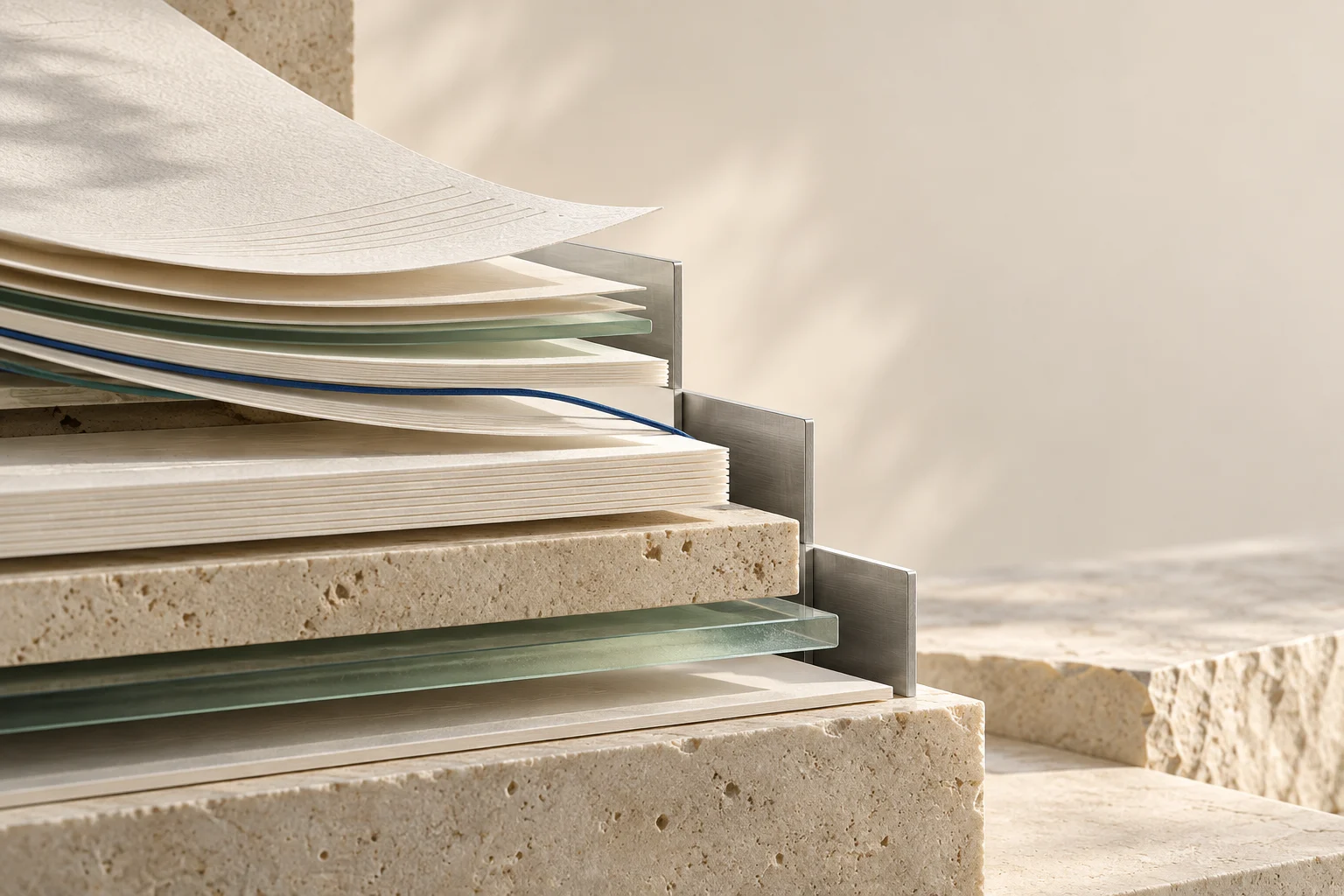 Layered paper, stone and glass expressing ordered financial records