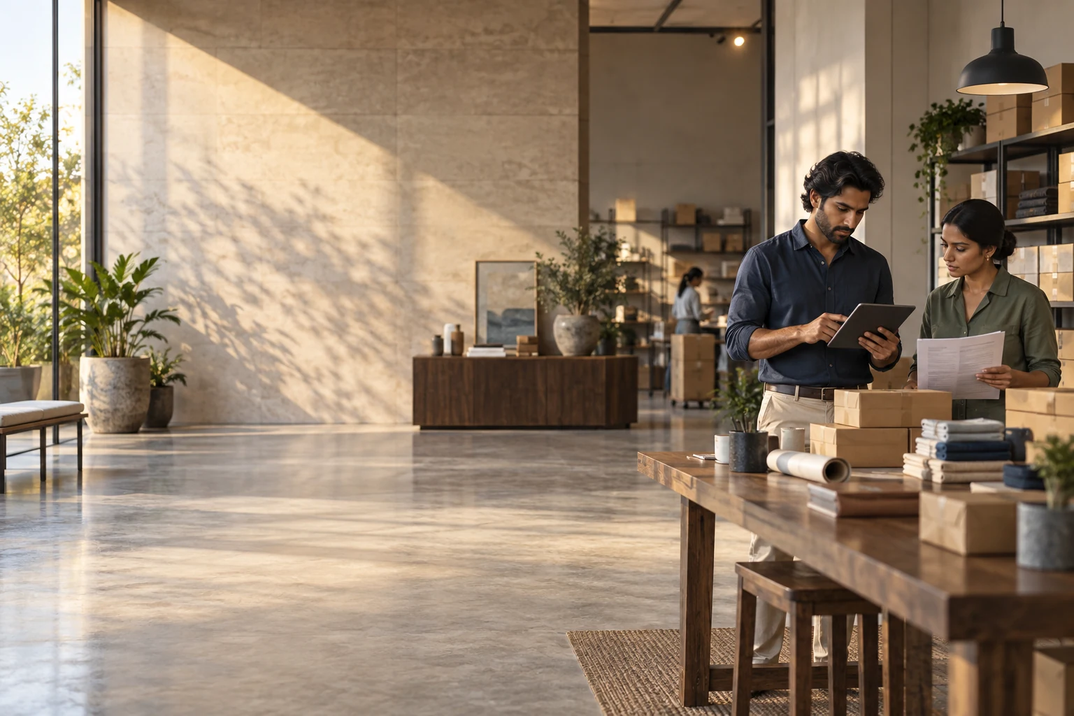 Indian business owners reviewing orders in a sunlit operating workspace