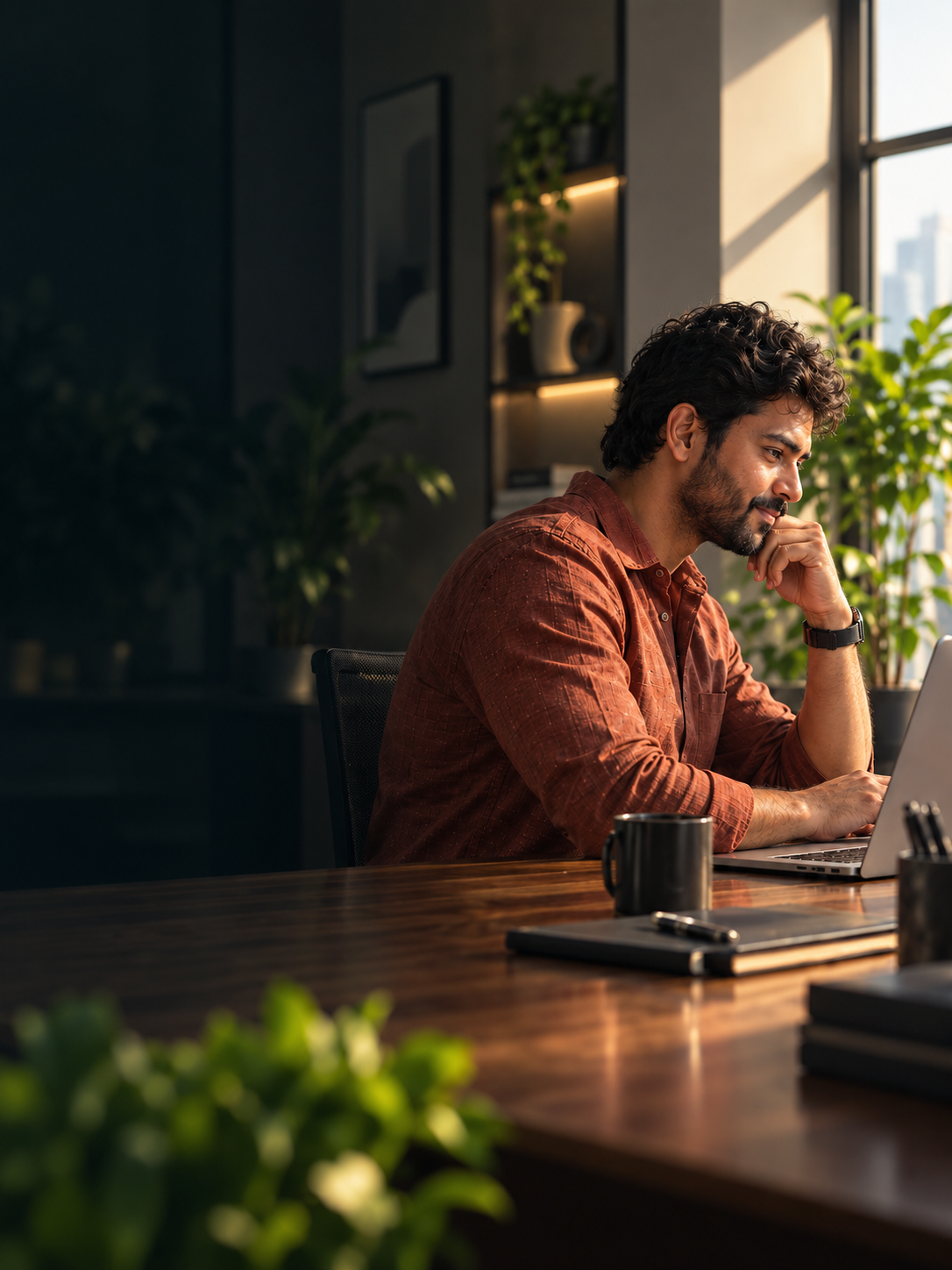 Business owner working calmly at a sunlit desk
