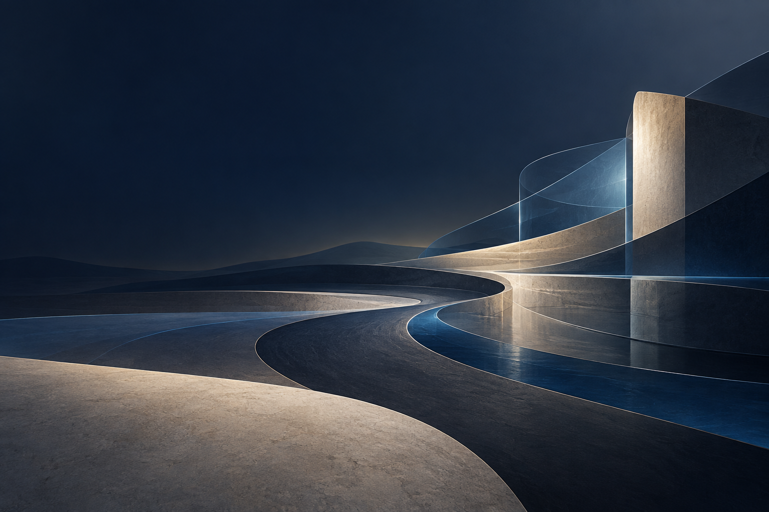 Abstract architectural paths converging through layered navy, cobalt and mineral surfaces