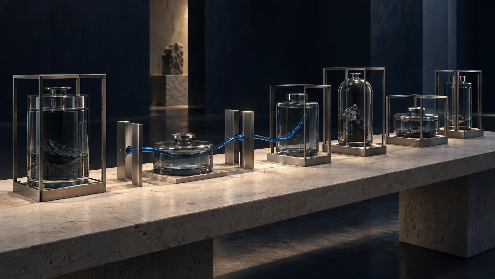 Separated glass vessels within metal boundaries connected by one controlled blue path