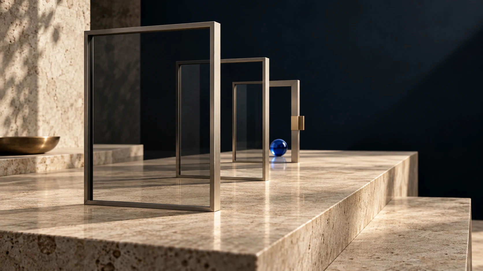 A sequence of precise metal frames forming controlled passages around a blue glass sphere