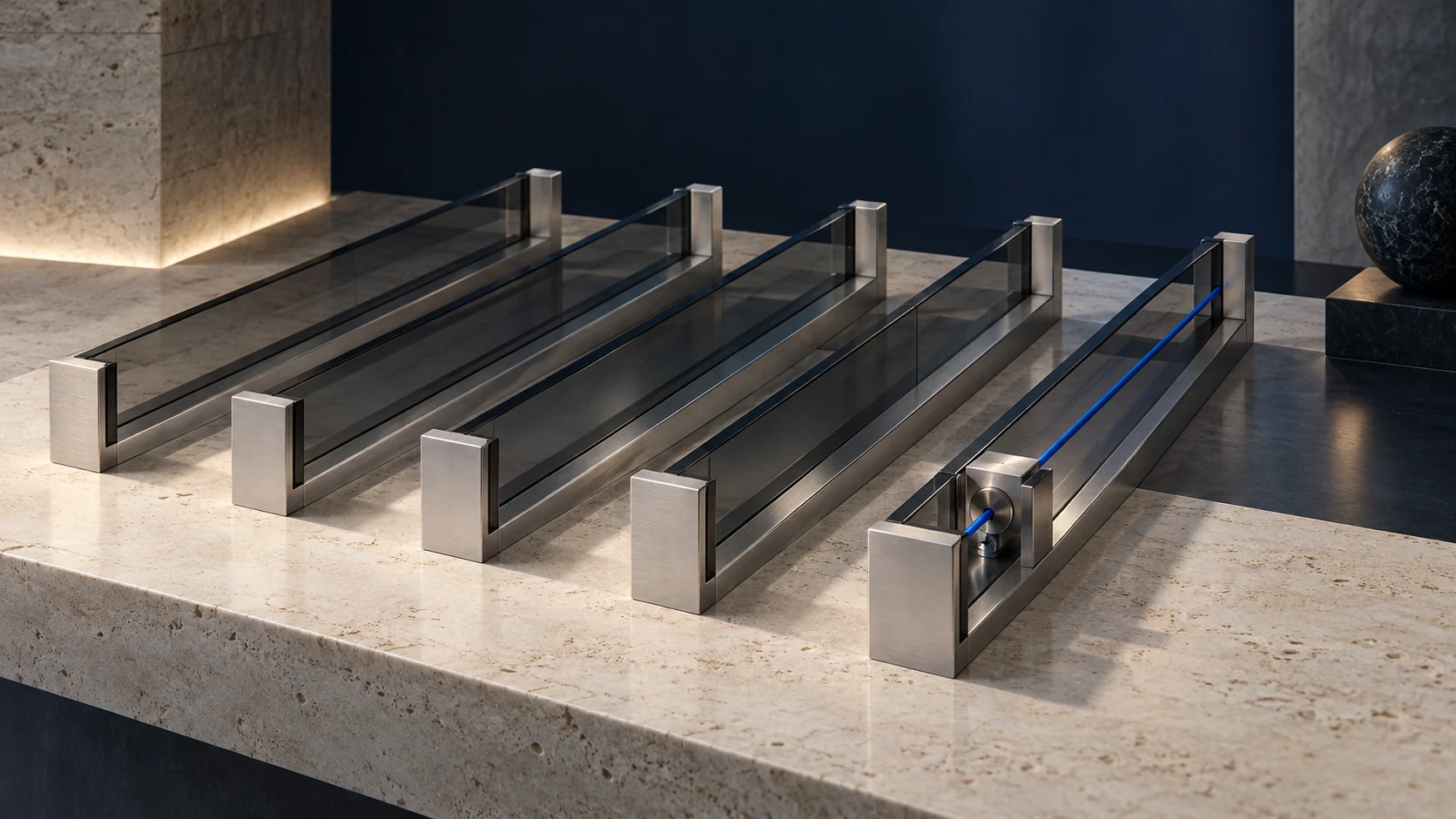 Four physically separated metal and glass channels with one controlled blue path
