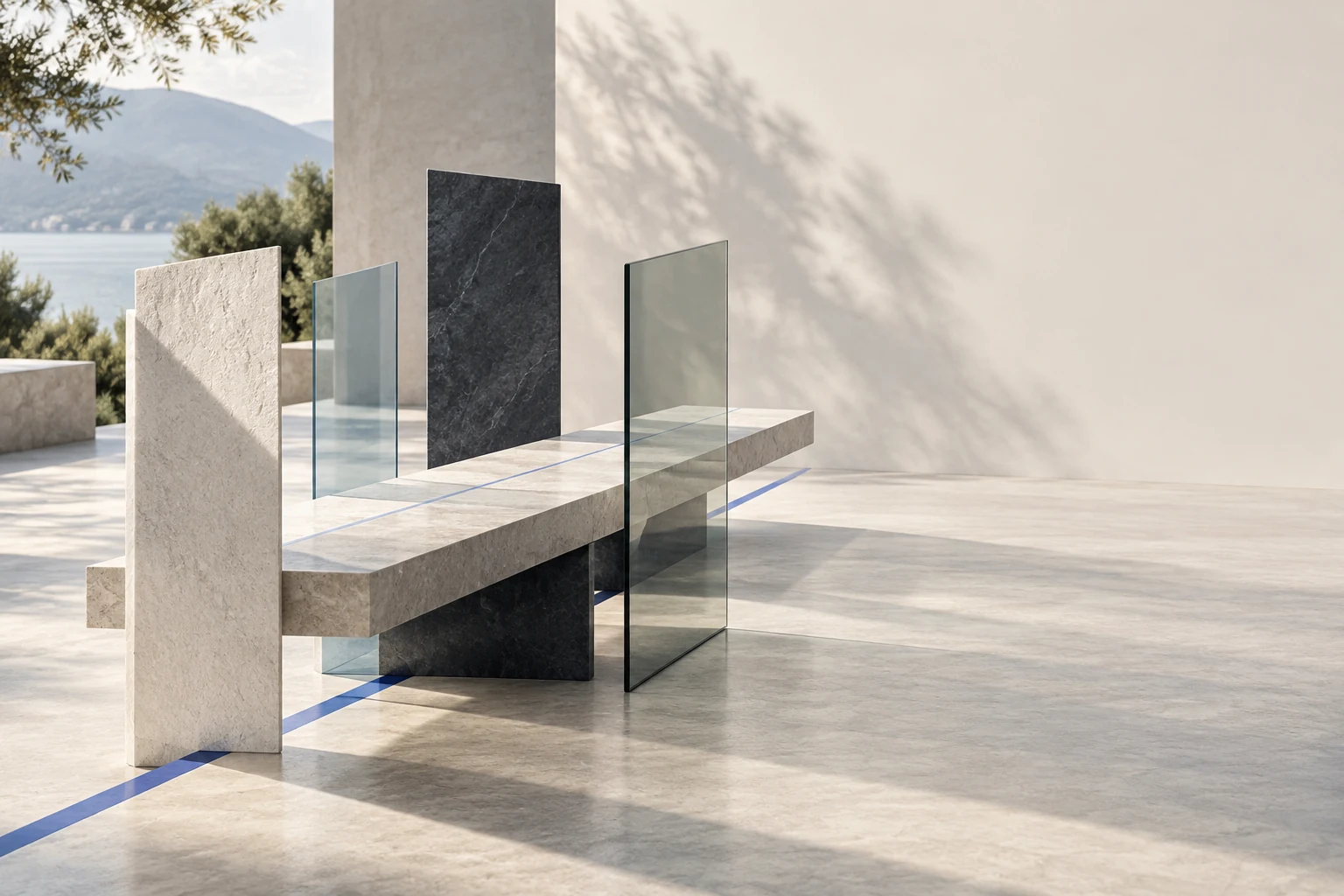 Independent material planes aligned around one shared platform surface